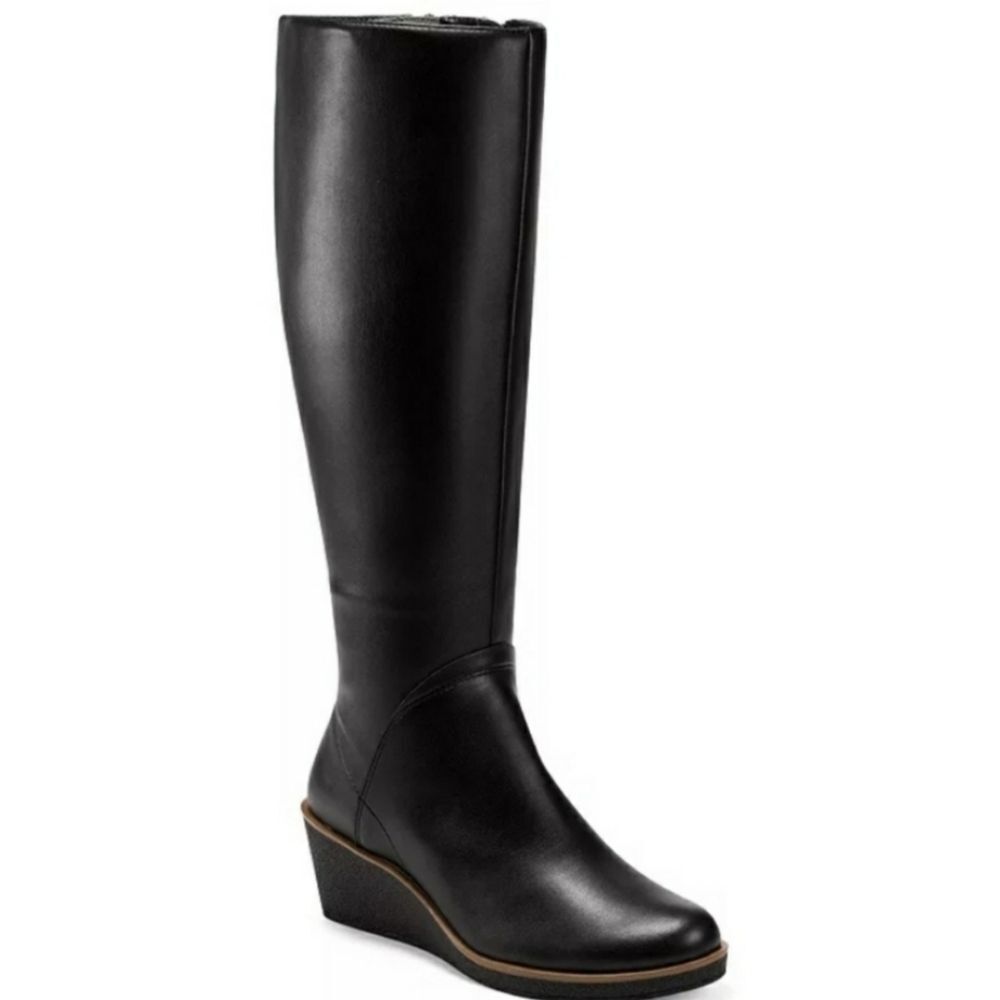 New Aerosoles Boots Black Binocular Faux Leather Knee-High Wedge Boots Size 5.5